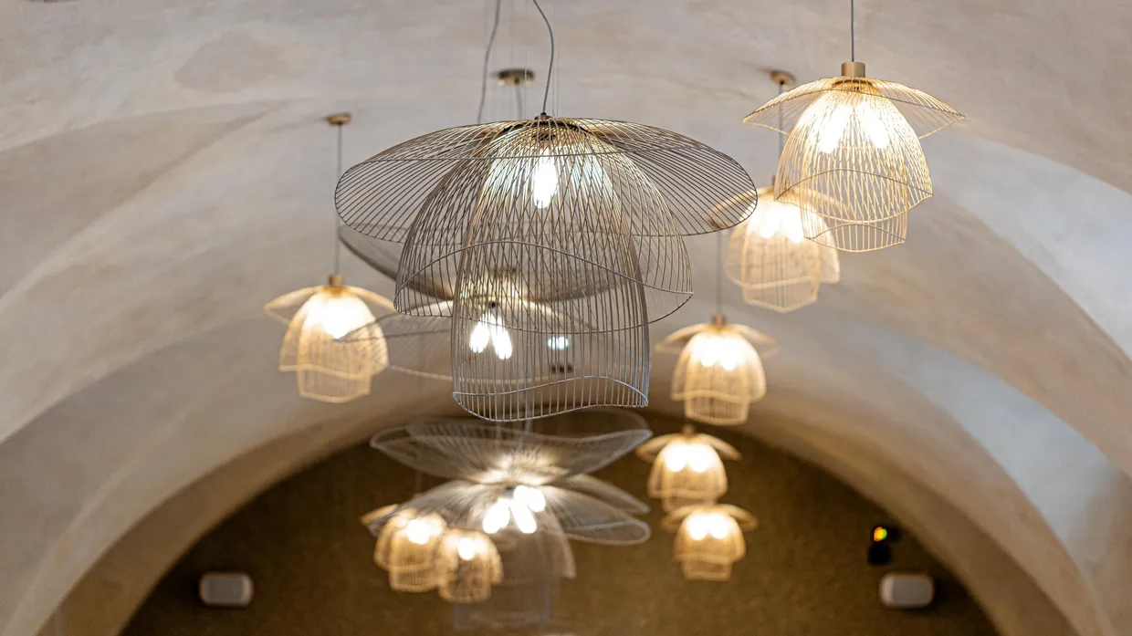Hängelampen in Glocken- und Insektenform, beleuchtet, auf einer glatten Metalloberfläche reflektiert
