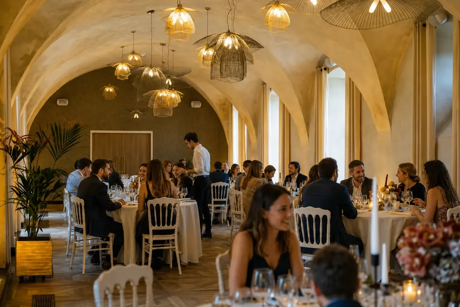 Un groupe de personnes est assis autour de tables dans une salle voûtée avec des arches et des lustres en forme de cloche, discutant et mangeant
