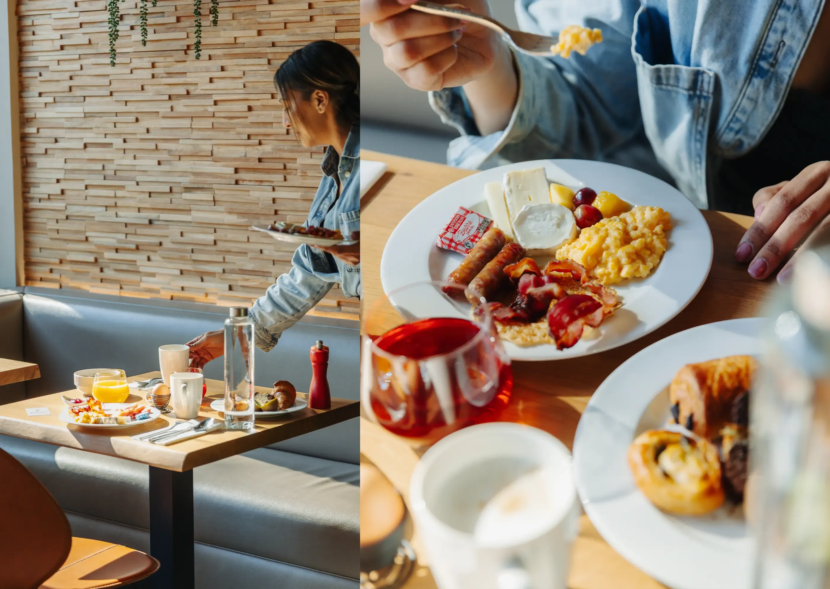 Menschen, die ein Frühstück aus Eiern, Würstchen, Brot und Obst zu sich nehmen, in einem Innenraum mit Backsteinwänden und einem Holztisch